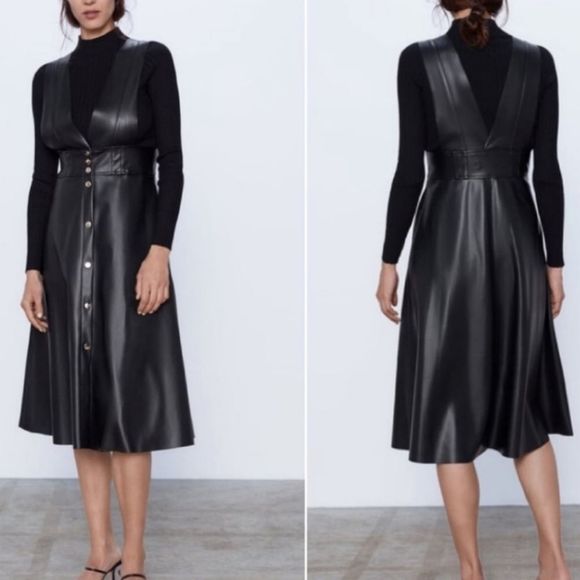 Zara Midi Pinafore Faux Leather Dress - Picture 4 of 8